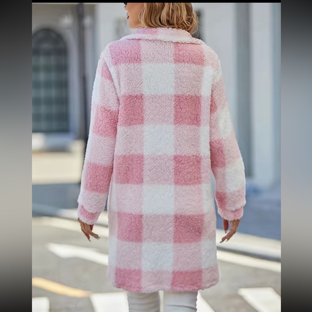 Plaid Pattern Teddy Coat, Casual Button Front Long Sleeve Outerwear, - Picture 4 of 5